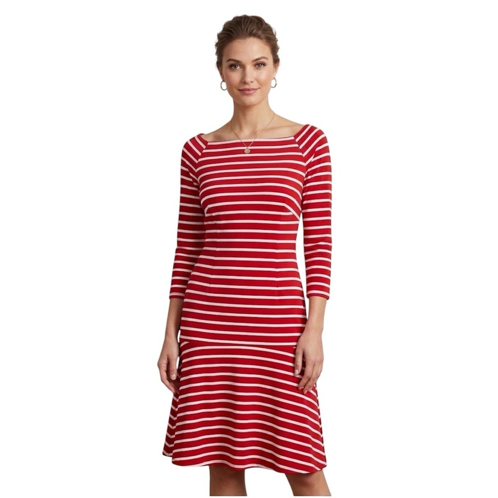 Lauren Ralph Lauren Red Striped Drop Waist Dress Size 2 Nautical Square Neck